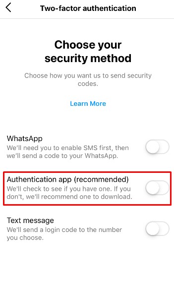 Toggle on " Authentication app" button